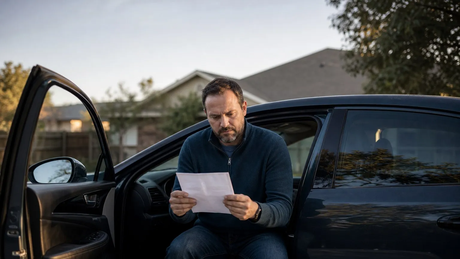 Driver in a parked car reading a mailed letter about a lapse in coverage