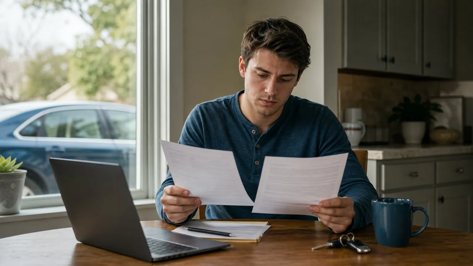 Young driver at a kitchen table comparing two printed auto policy pages beside a laptop and car keys