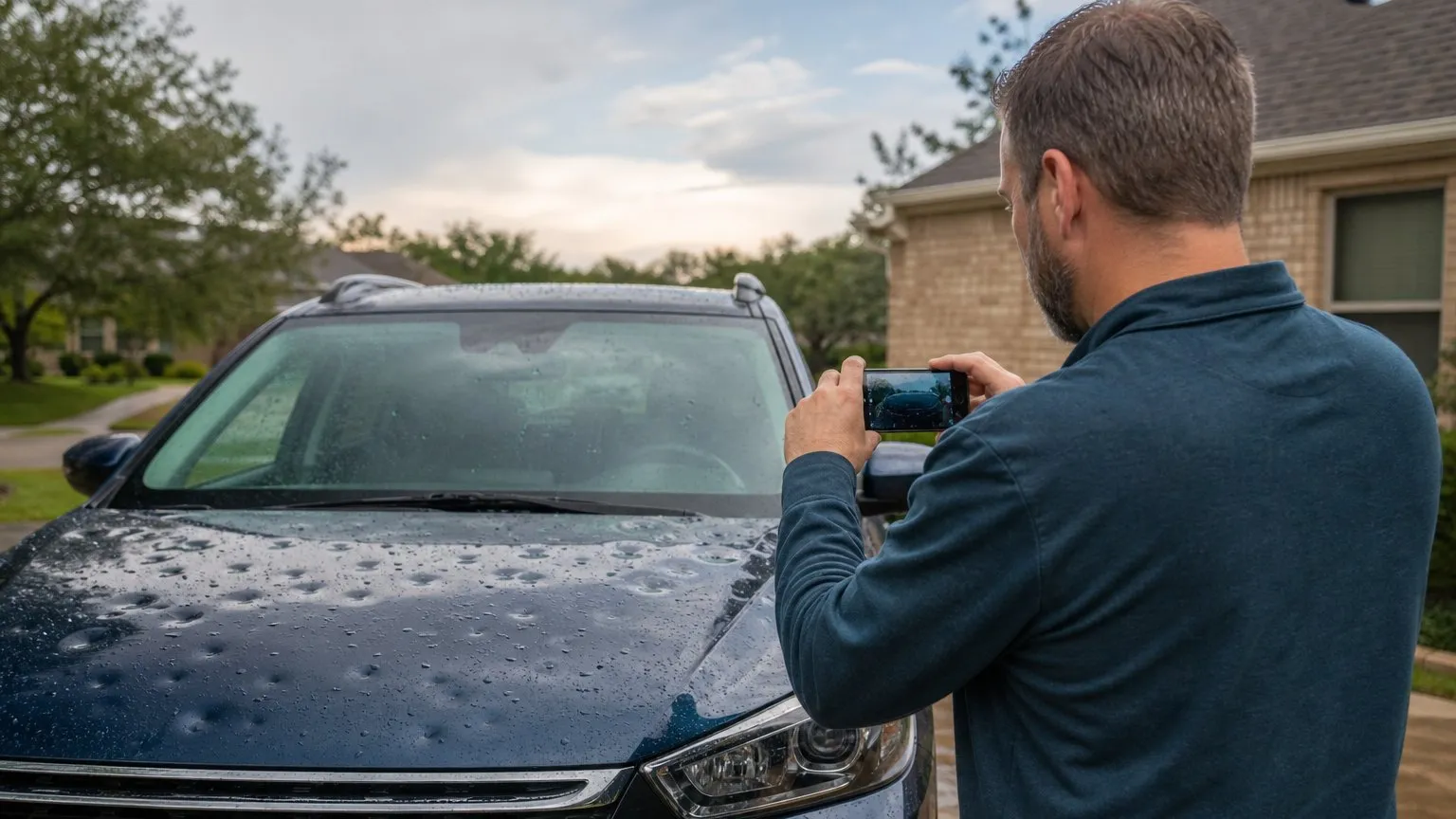 Owner photographing light hail dents on a family SUV in a Texas driveway after a storm