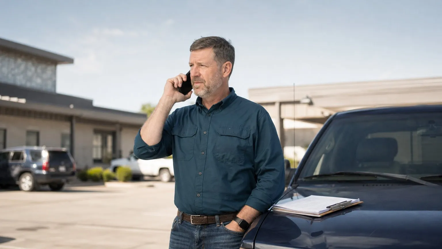 Driver on a phone call beside his pickup truck, papers on the hood, working out coverage