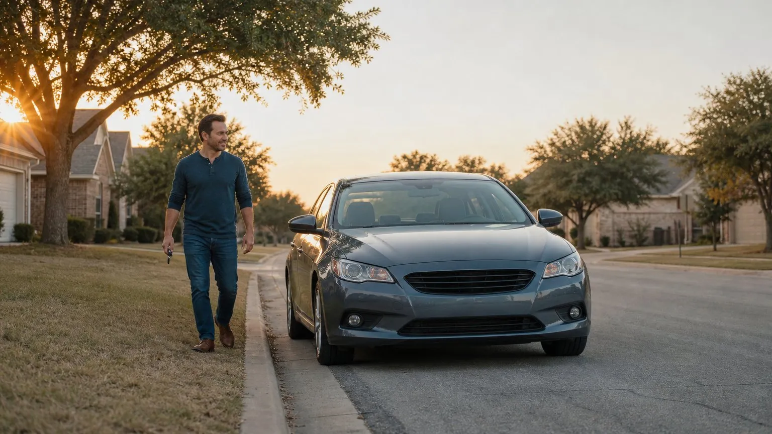 Driver walking to a compact sedan parked on a quiet Texas residential street at golden hour