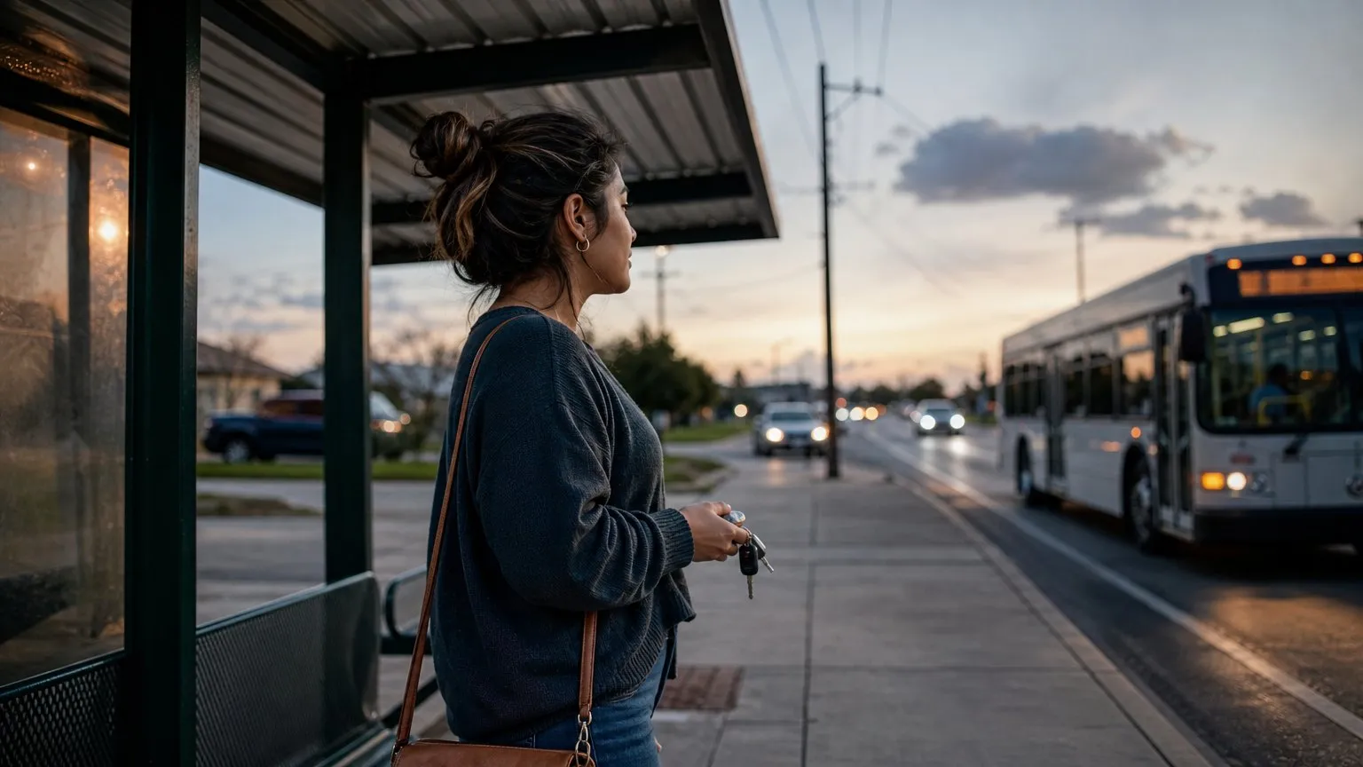 Woman at a bus stop holding borrowed car keys, a bus approaching in the background