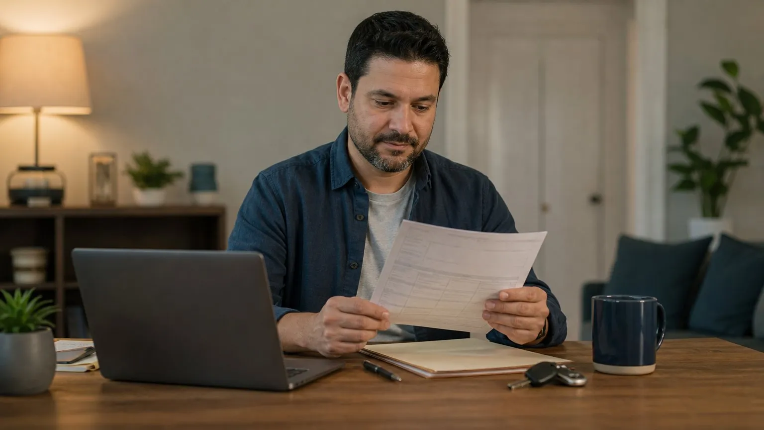 Man at a home desk holding a printed state filing form next to a laptop and car keys