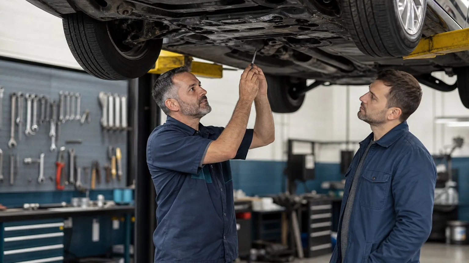 Mechanic inspecting a car on a lift while the owner looks on