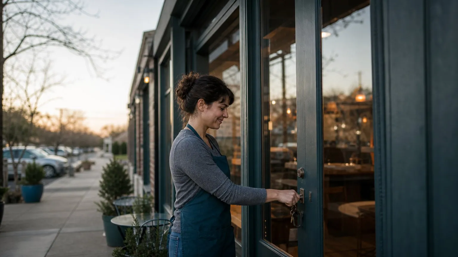 Café owner unlocking her shop's front door at dawn