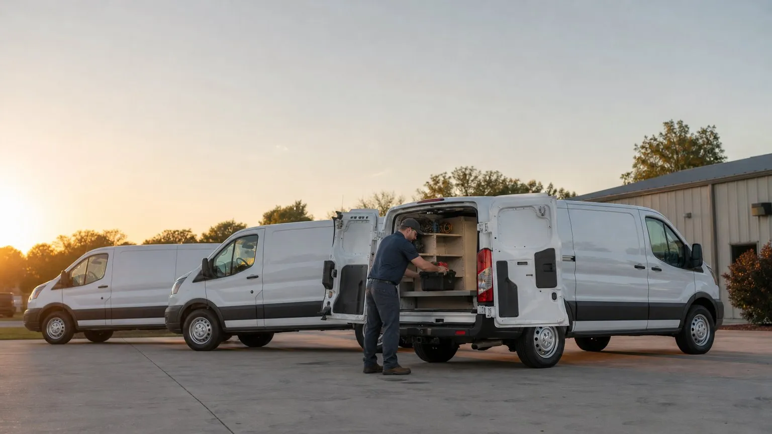 Driver loading tools into one of three plain work vans at sunrise