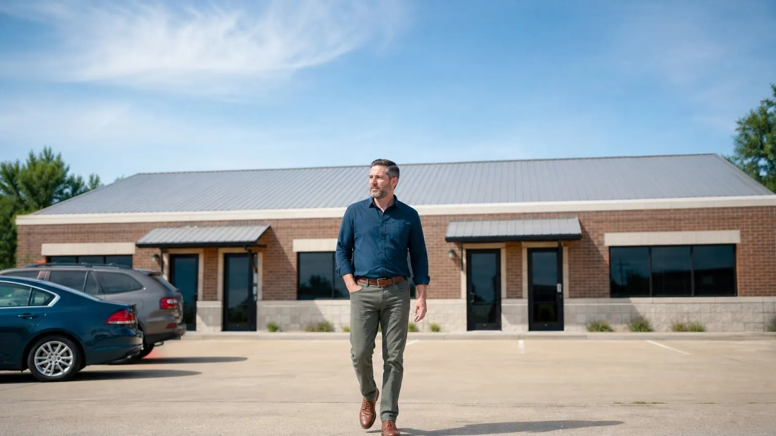 Owner walking the lot of a single-storey brick commercial building