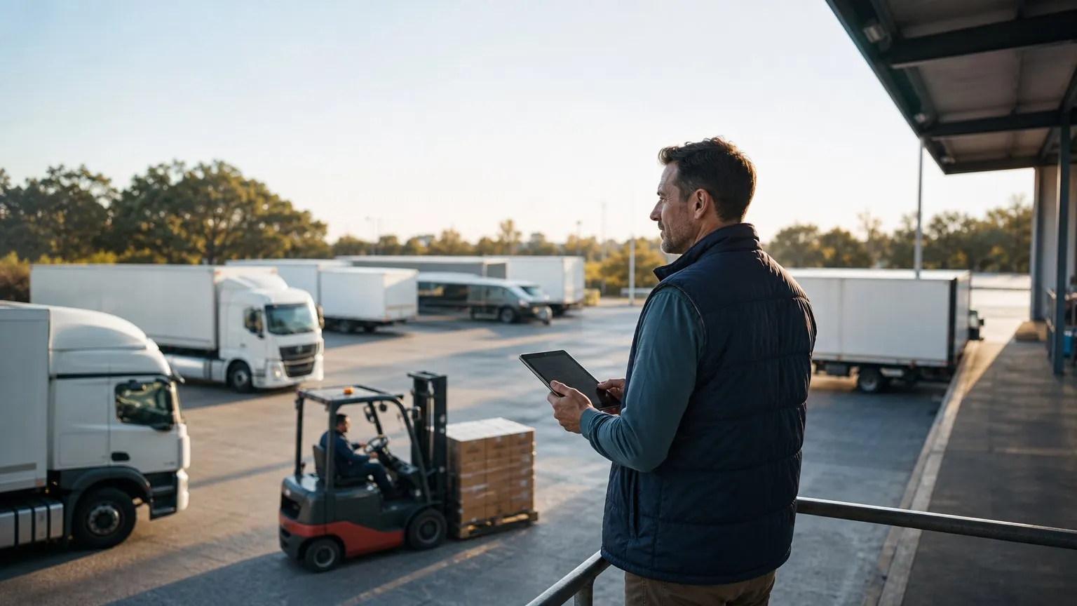 Manager with a tablet overlooking box trucks and a forklift in a logistics yard