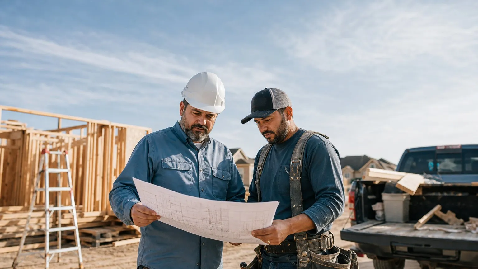 Contractor in a hard hat reviewing plans with a carpenter at a house framing site