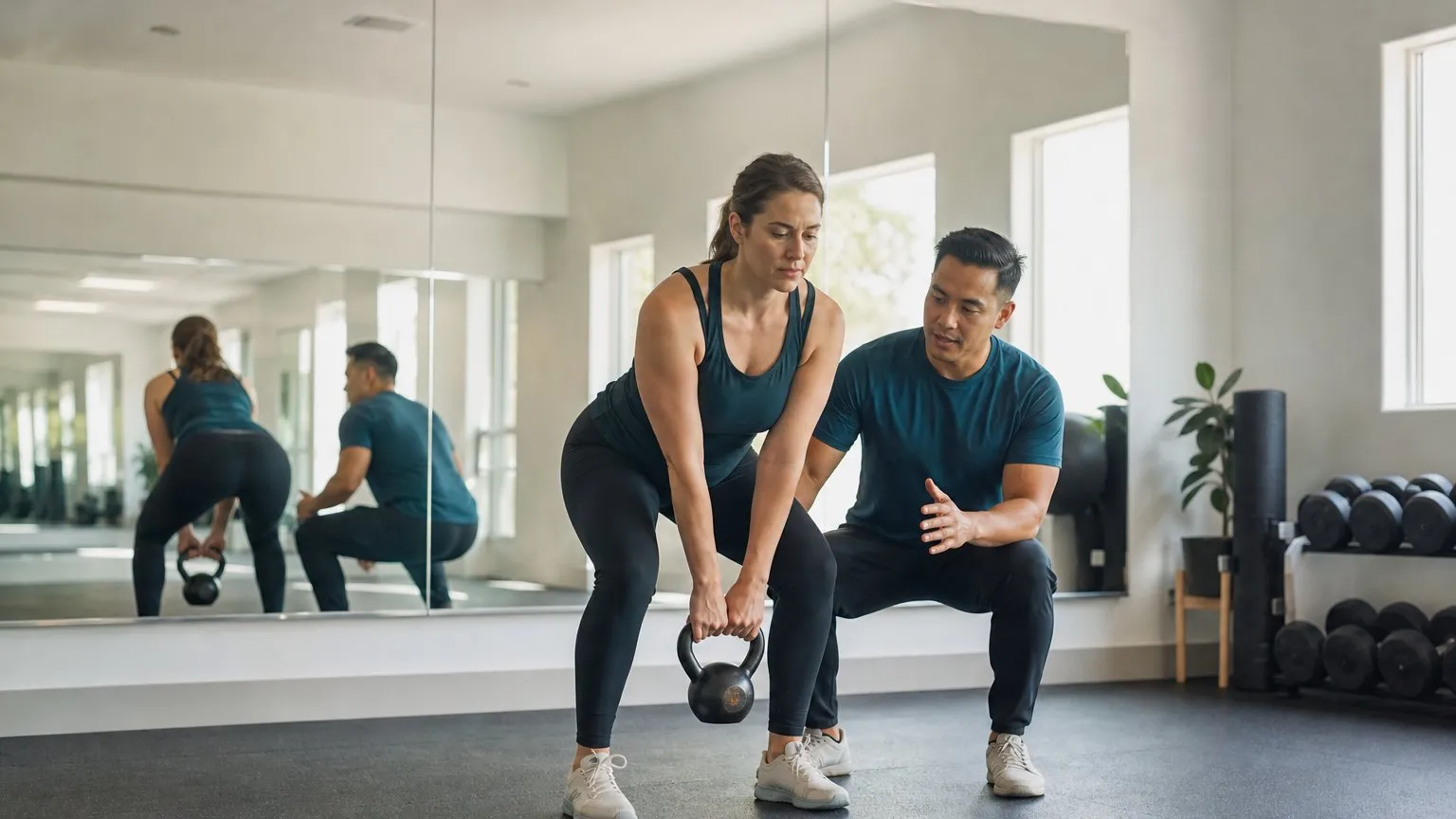 Trainer guiding a client through a kettlebell exercise in a small studio