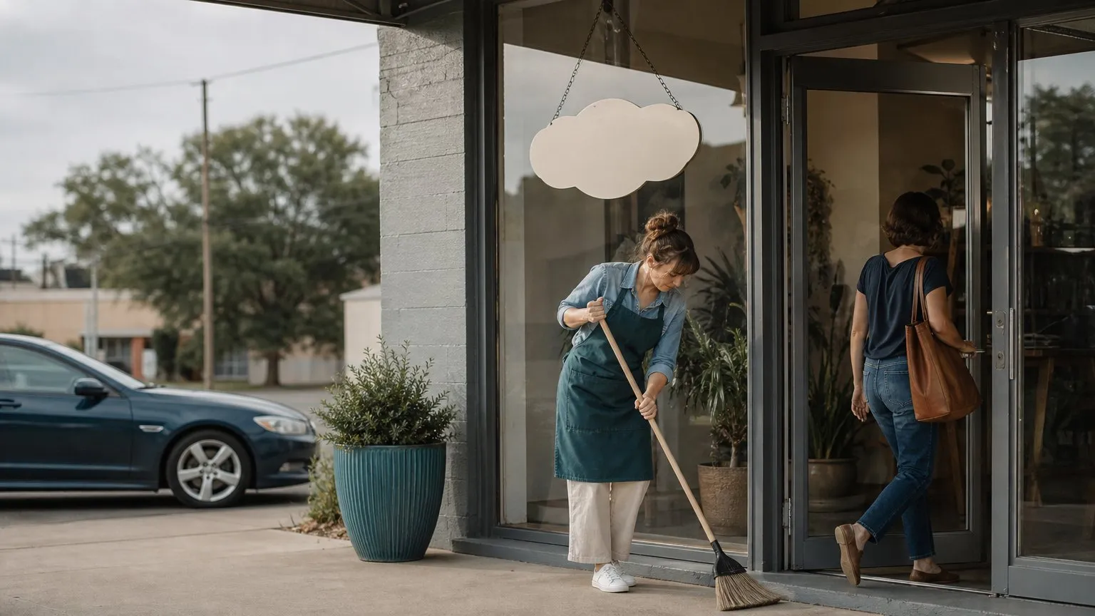 Shop owner sweeping her storefront entrance as a customer walks in