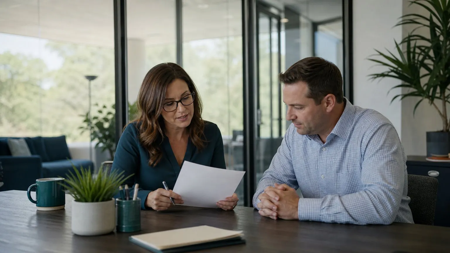 Accountant reviewing a printed report with a client at an office desk