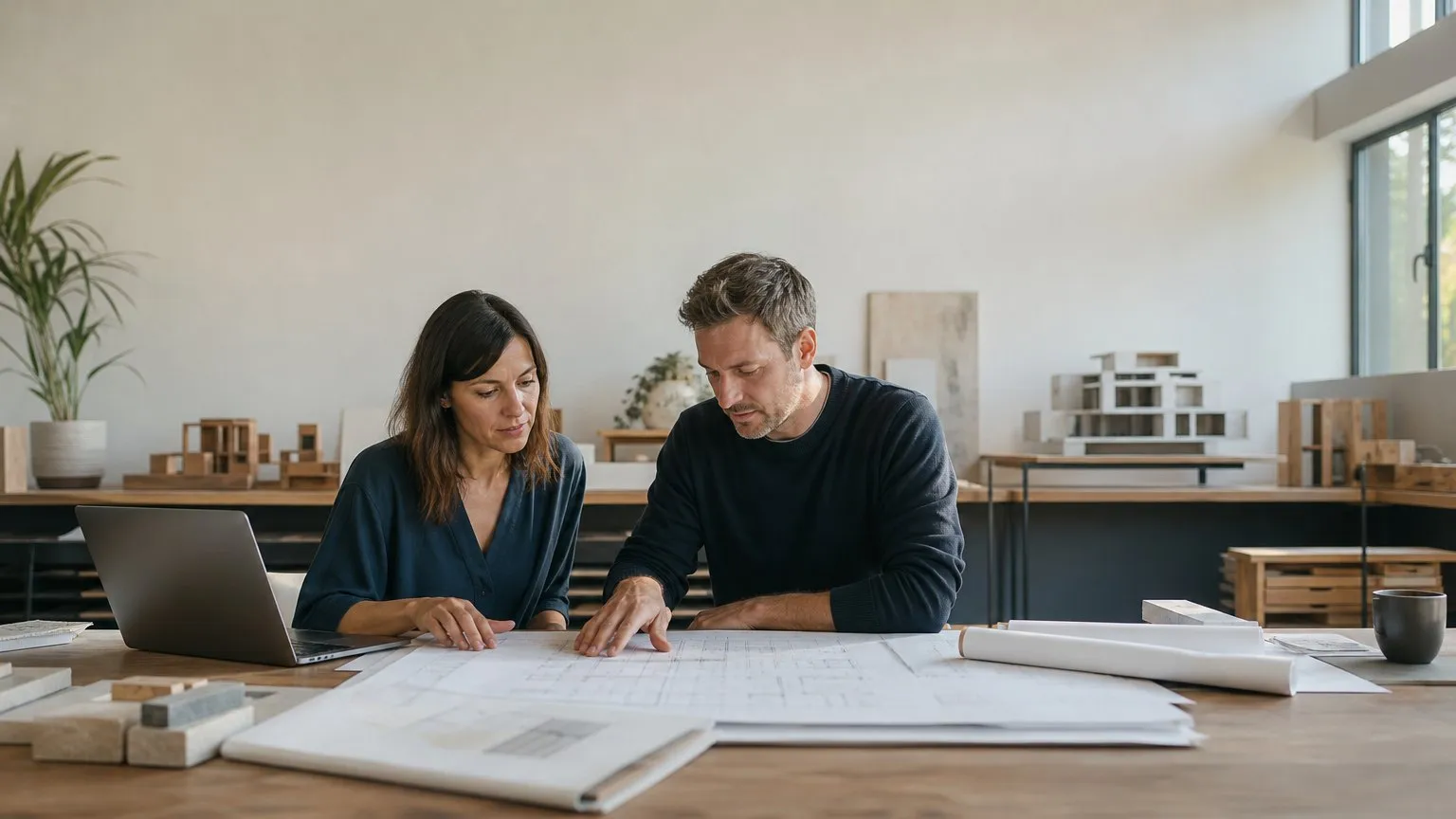 Two professionals at a studio table with drawings and a laptop
