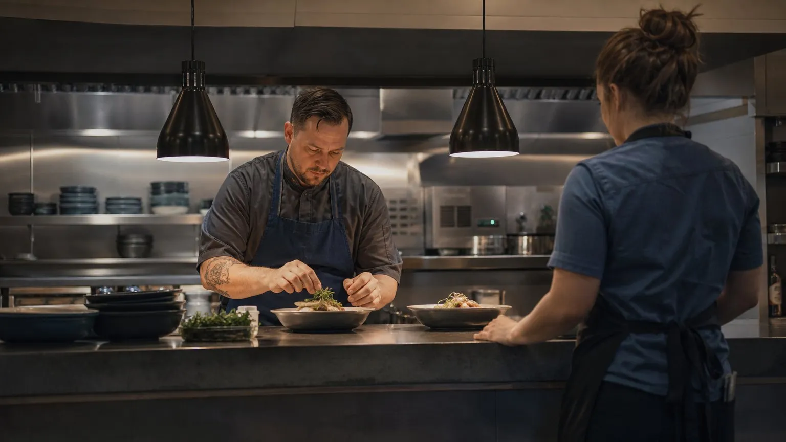 Chef plating dishes during evening service as a server waits at the pass