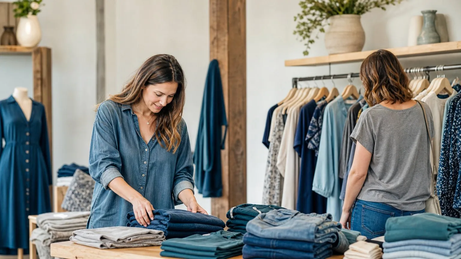 Boutique owner arranging folded clothes while a customer browses