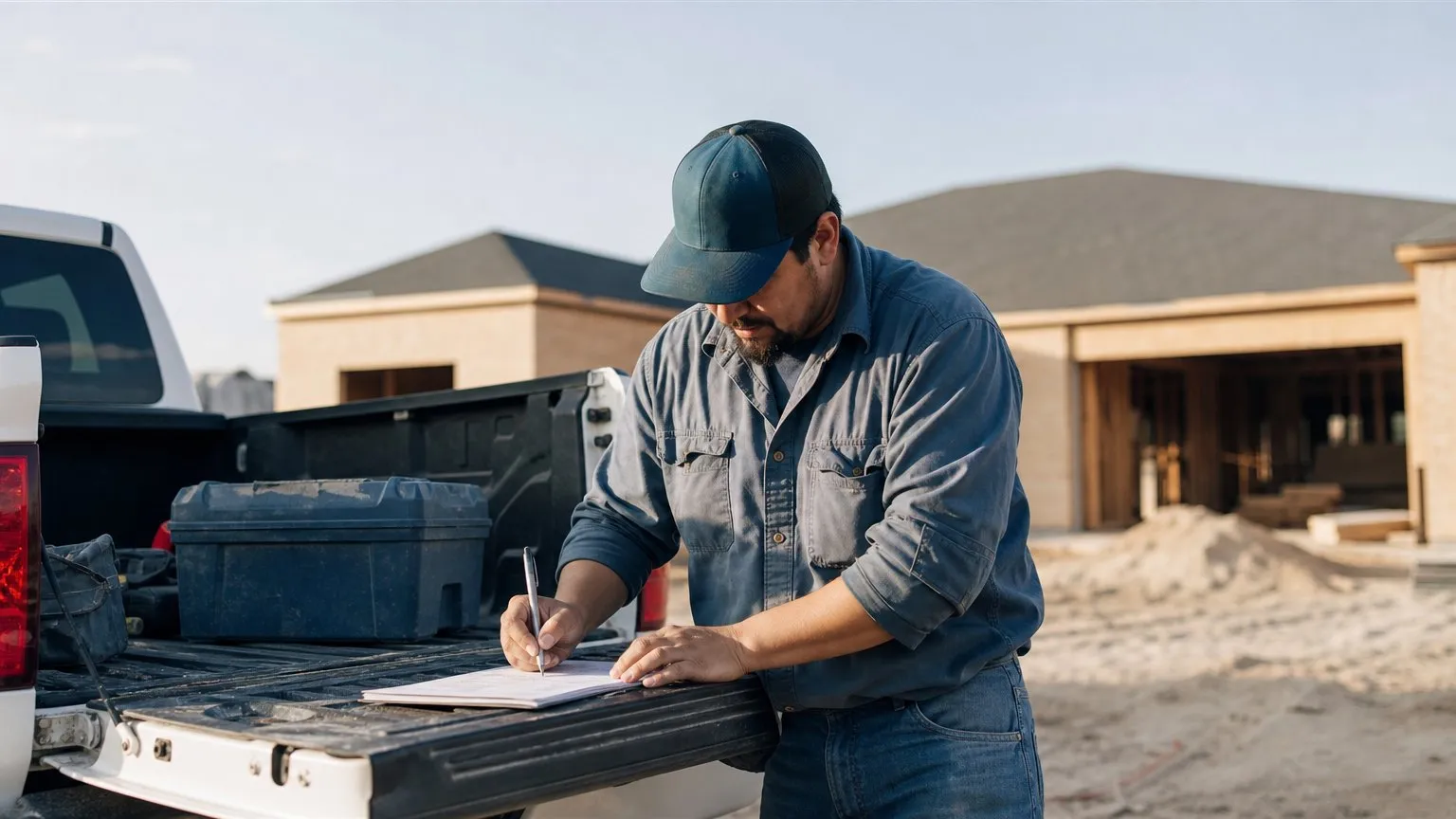 Tradesman signing a document on his pickup's tailgate at a job site