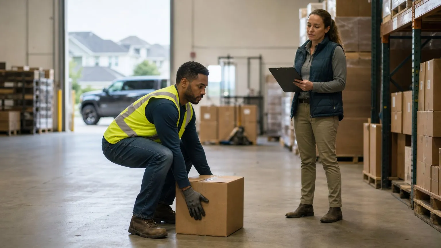Warehouse worker in a safety vest lifting a box while a supervisor watches