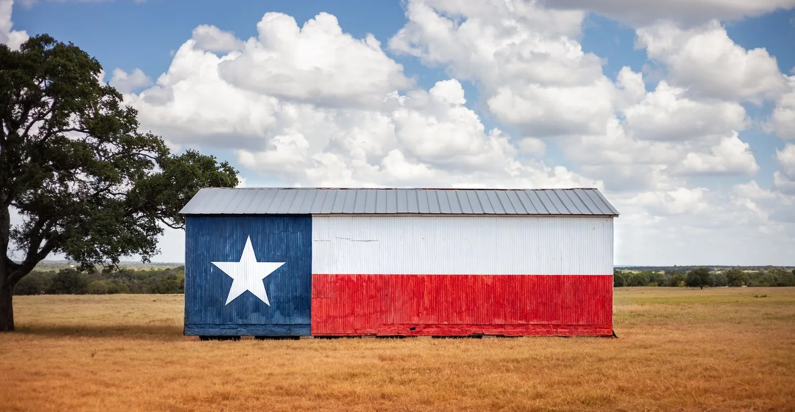 Metal barn painted as the Texas flag in an open field under a cloudy sky