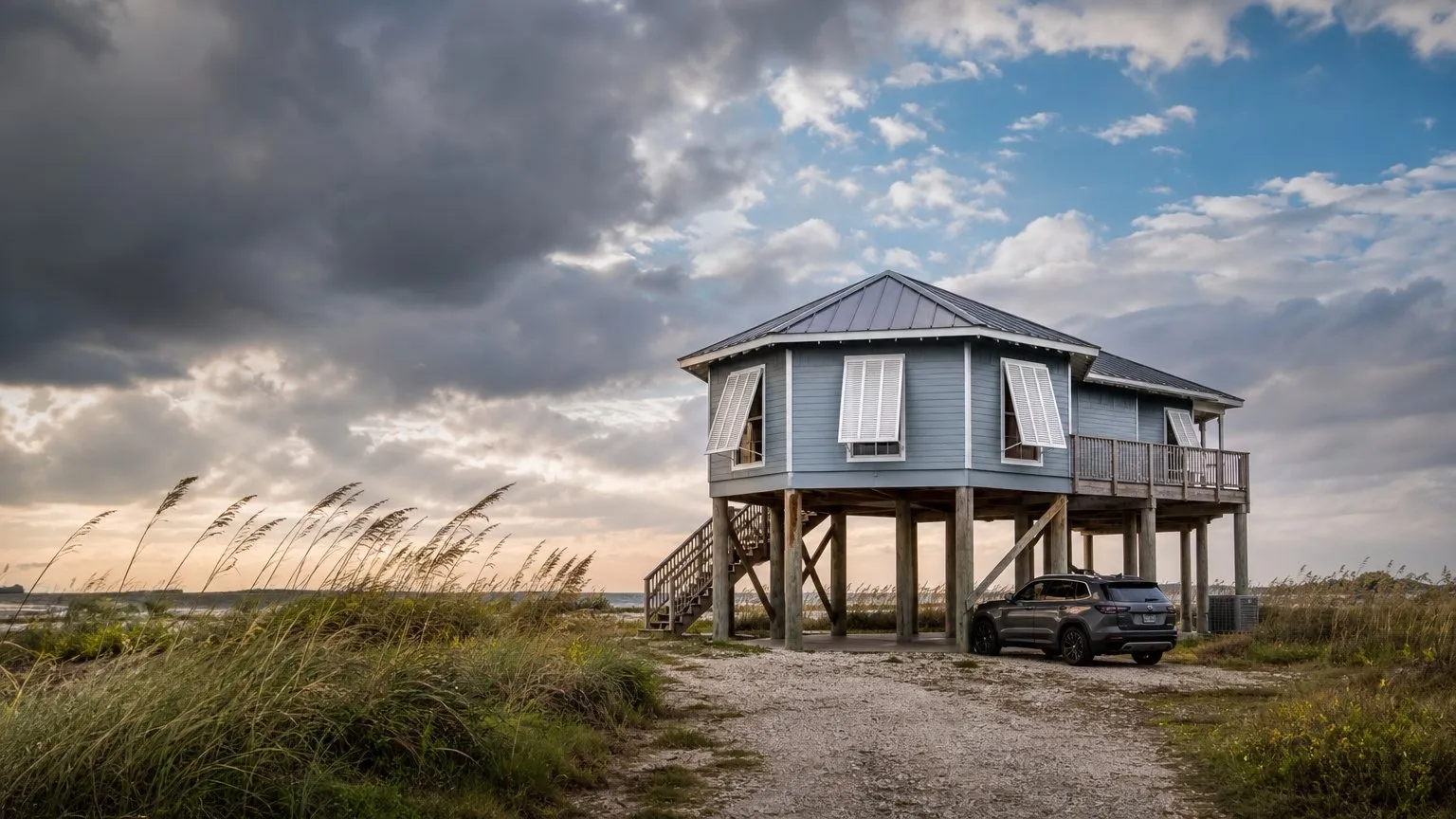 Raised Texas coastal home on stilts with storm shutters near the dunes under a clearing sky