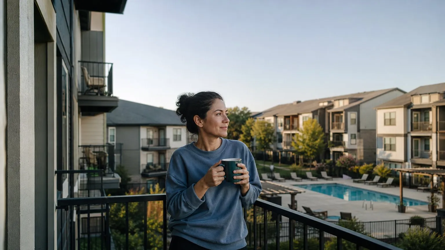 Woman with a coffee on her condo balcony above a courtyard pool