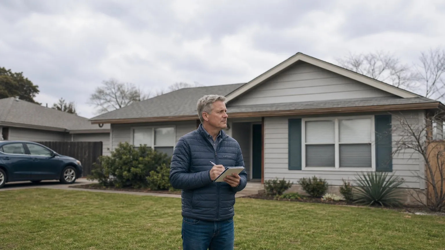 Owner checking the exterior of a vacant rental cottage with a notepad
