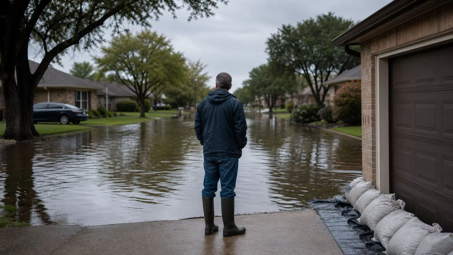 Homeowner in rubber boots by sandbags at his garage, looking at floodwater covering a Texas street