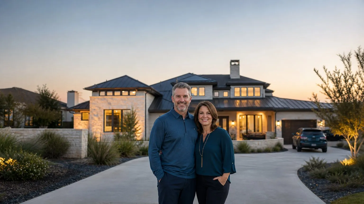 Couple standing in the driveway of a large stone-and-glass Texas home at dusk