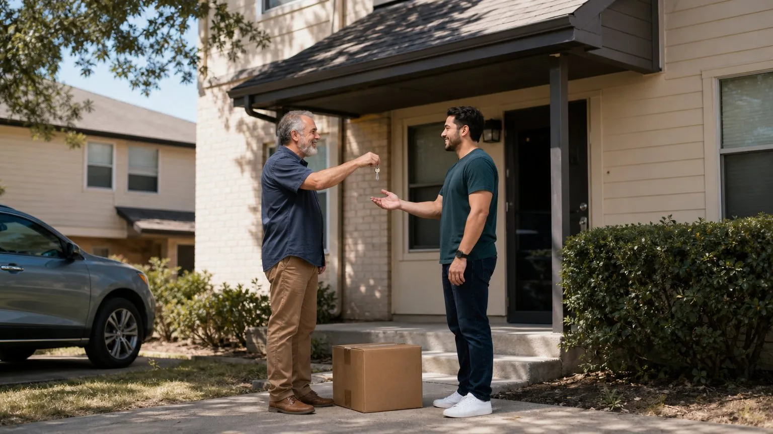 Landlord handing keys to a new tenant at the door of a duplex