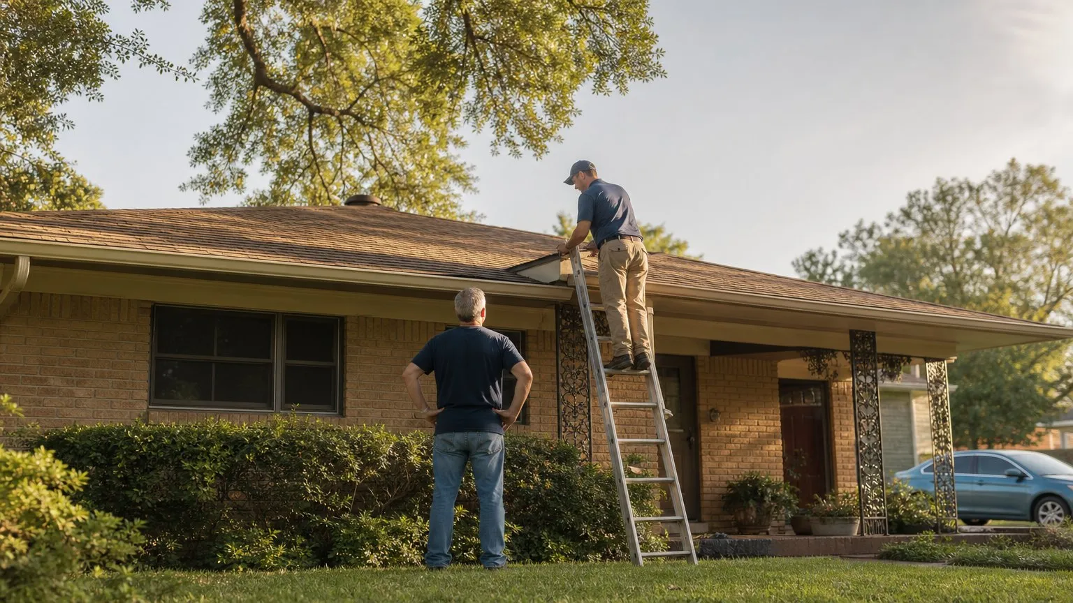 Inspector on a ladder checking the roof edge of an older brick bungalow while the owner watches
