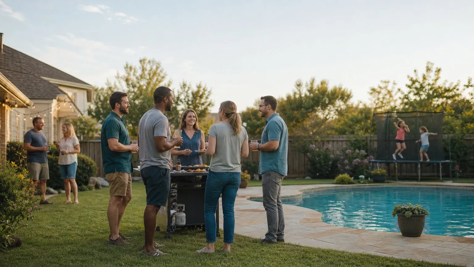 Backyard gathering by a pool with neighbours chatting and children playing