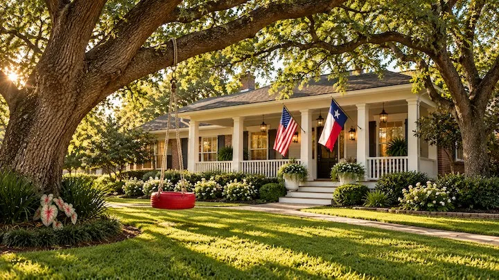Single-story Texas home with a front veranda flying the U.S. and Texas flags, under live oaks with a red tire swing